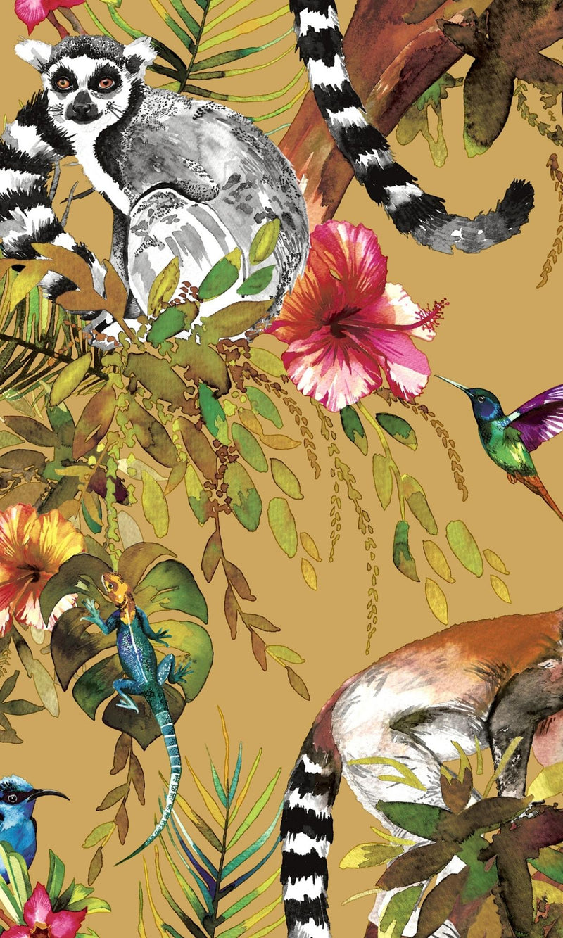 media image for Lemur in Tropical Rainforest Ochre Floral Wallpaper by Walls Republic 274