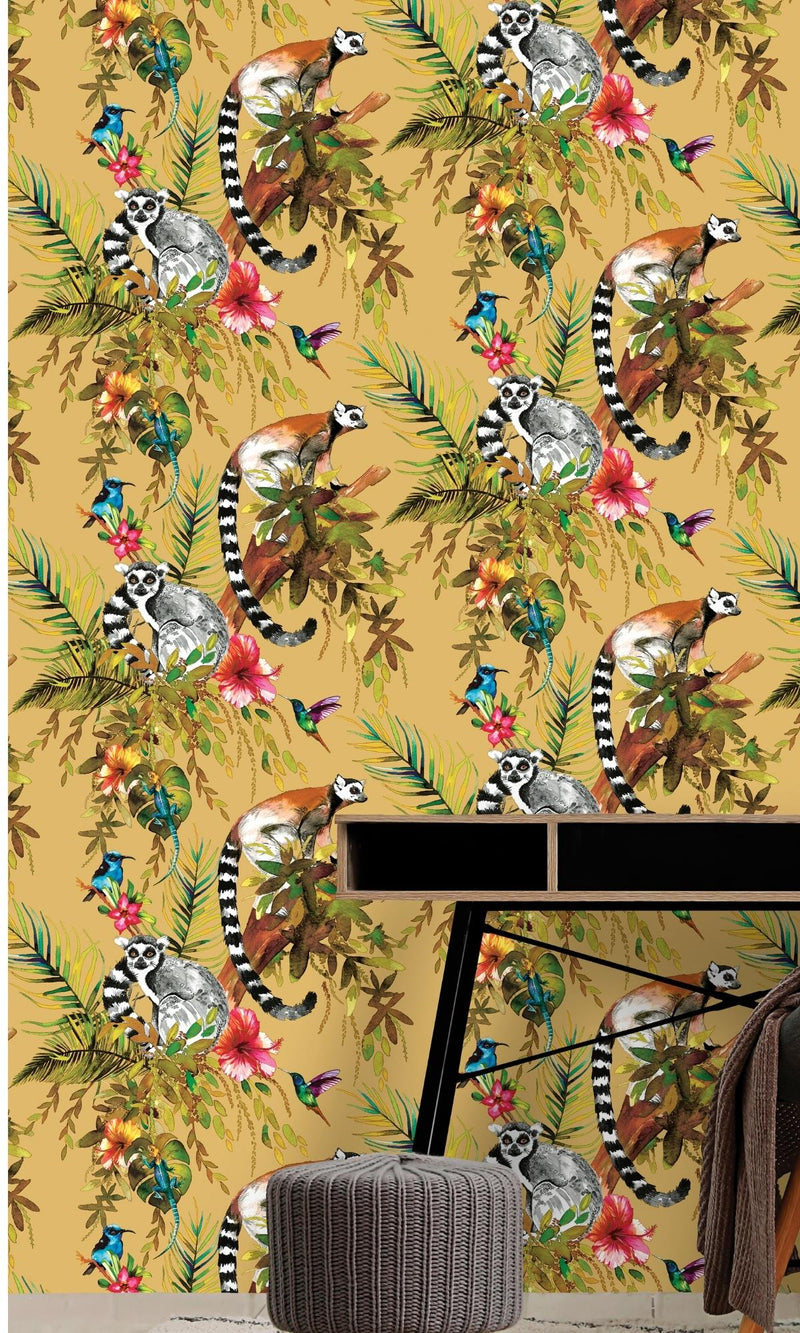 media image for Lemur in Tropical Rainforest Ochre Floral Wallpaper by Walls Republic 250