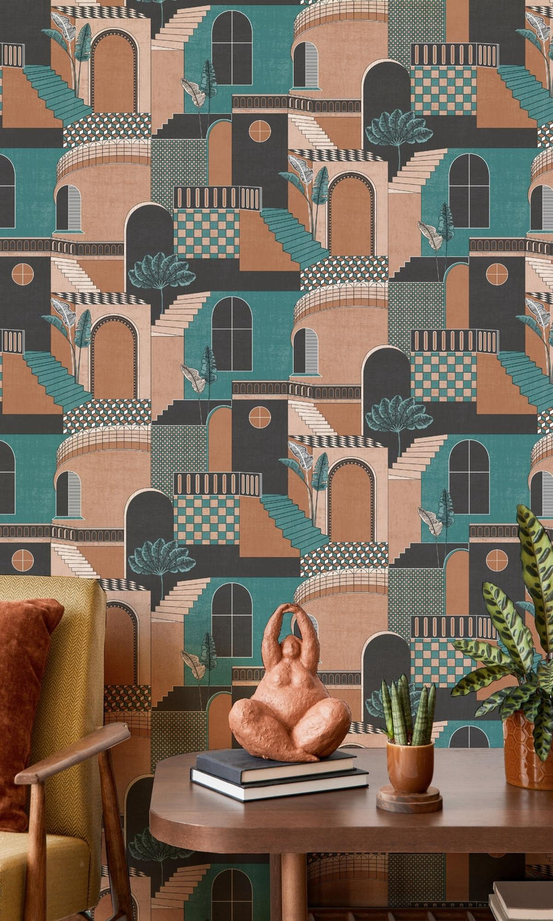 media image for Mediterranean Style Building Orange & Teal Contemporary Wallpaper by Walls Republic 289