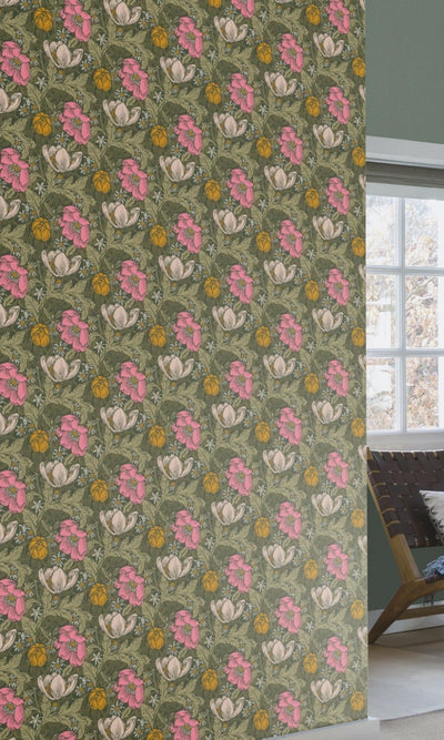 product image for Bold Leaves and Flowers Green & Pink Tropical Wallpaper by Walls Republic 0
