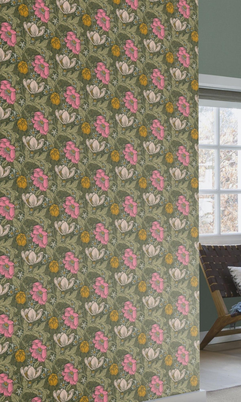media image for Bold Leaves and Flowers Green & Pink Tropical Wallpaper by Walls Republic 281