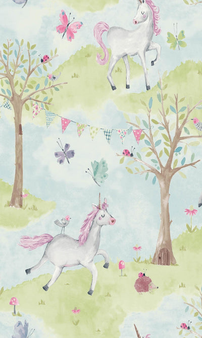 product image of Unicorn & Butterflies Light Blue Tropical Wallpaper by Walls Republic 514