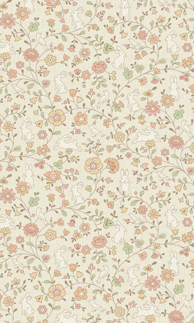 product image of Stylish Flowers with Bunny & Birds Floral Beige Wallpaper by Walls Republic 515