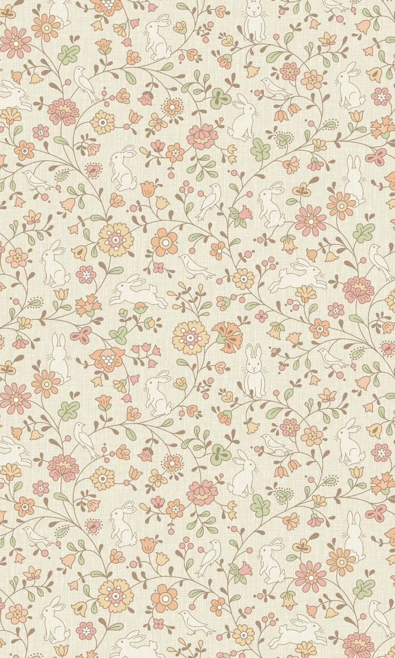 media image for Stylish Flowers with Bunny & Birds Floral Beige Wallpaper by Walls Republic 287