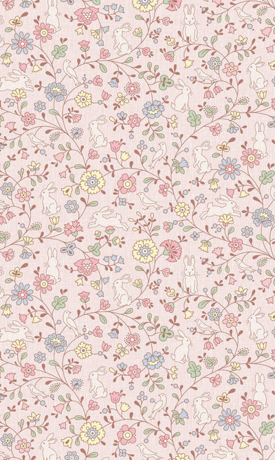 product image of Stylish Flowers with Bunny & Birds Floral Pink Wallpaper by Walls Republic 598