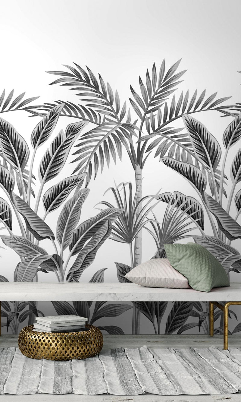 media image for Tropical Forest Jungle Wall Mural in Black & White 240