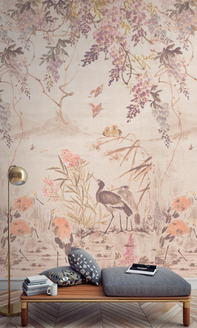 product image for Painted Japanese Scene Tropical Wall Mural in Pink 74