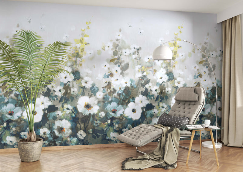 media image for Painted Flowers Floral Wall Mural in Turquoise 235