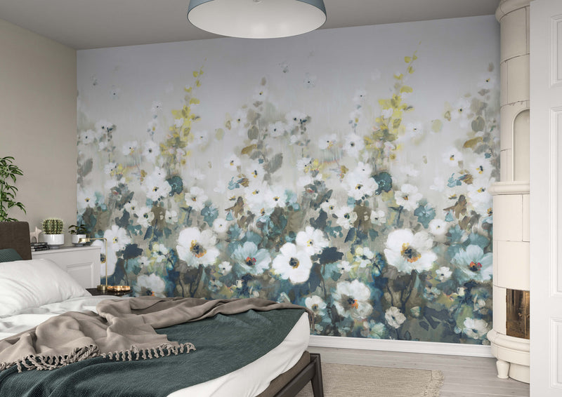 media image for Painted Flowers Floral Wall Mural in Turquoise 215
