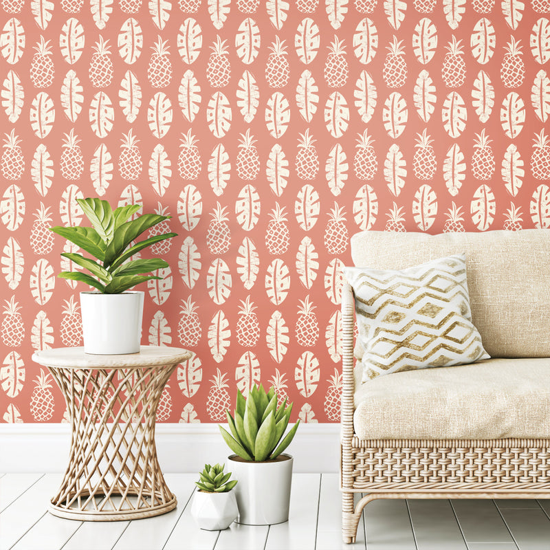 media image for Pineapple Block Print Peel & Stick Wallpaper in Coral by York Wallcoverings 263