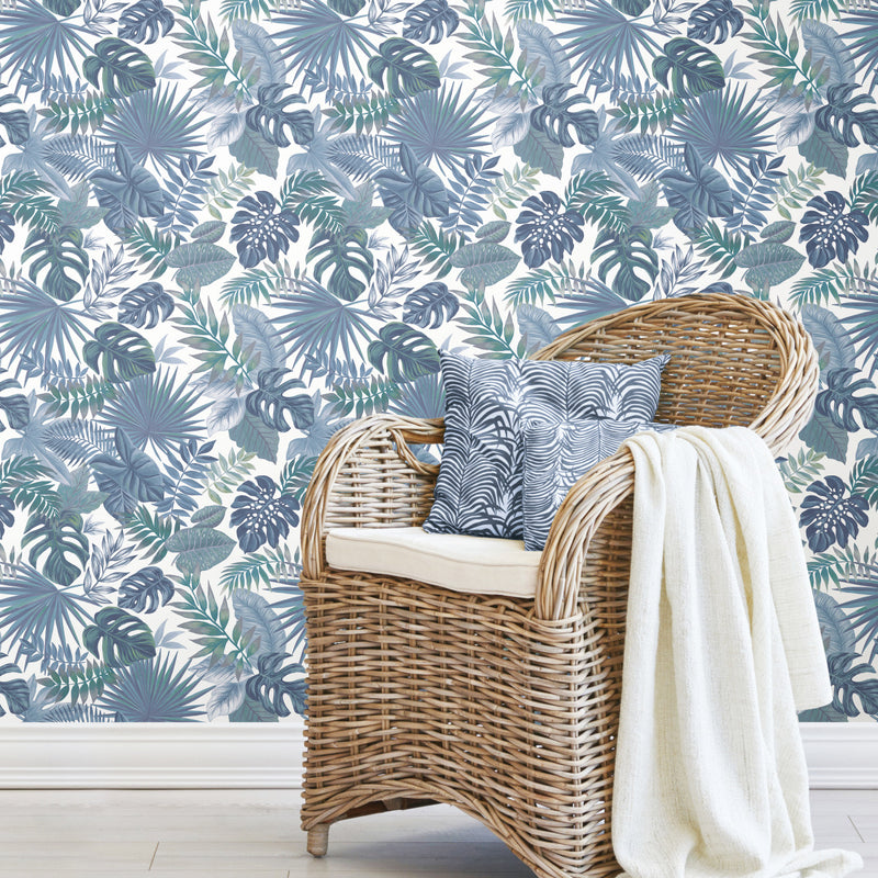 Shop Palm Frond Toss Peel & Stick Wallpaper in Blue Burke Decor