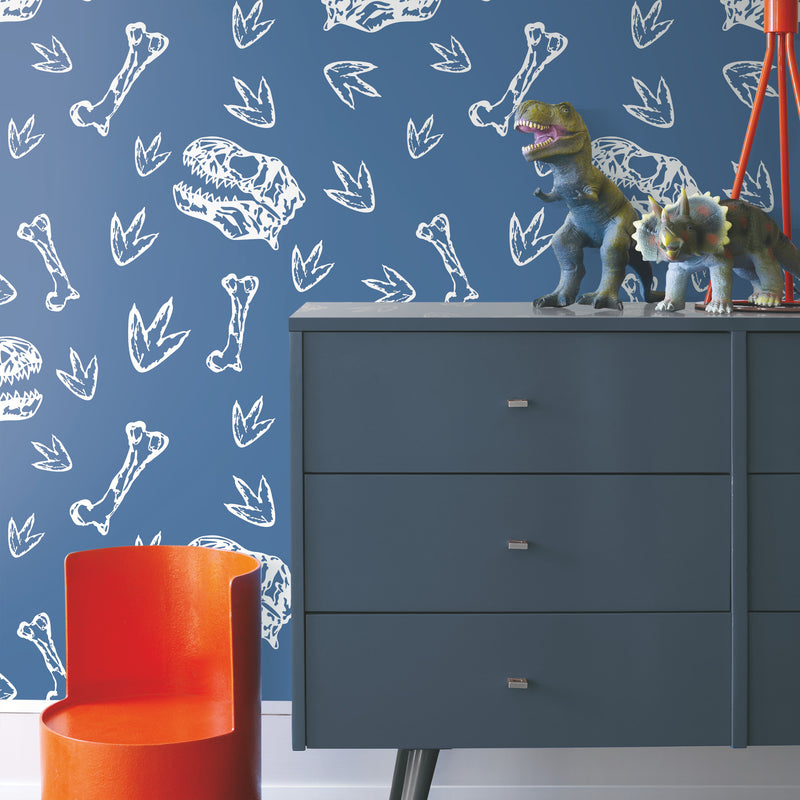 media image for Dinosaur Bones Peel & Stick Wallpaper in Blue by RoomMates 270