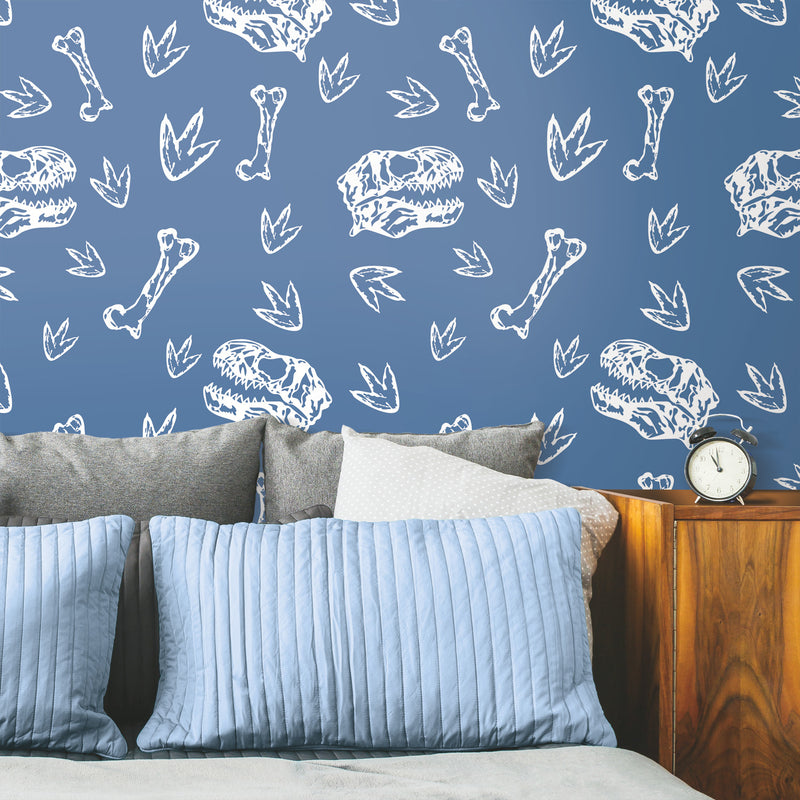 media image for Dinosaur Bones Peel & Stick Wallpaper in Blue by RoomMates 234