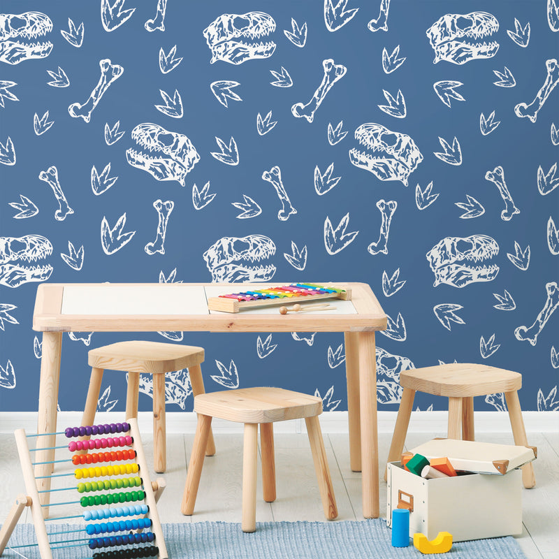 media image for Dinosaur Bones Peel & Stick Wallpaper in Blue by RoomMates 237
