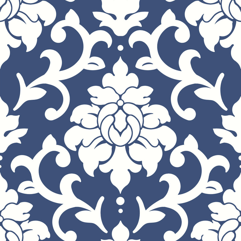 media image for sample damask indigo peel and stick wallpaper by roommates for york wallcoverings 1 215