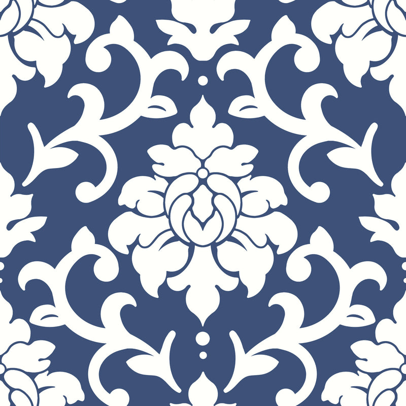 media image for sample damask indigo peel and stick wallpaper by roommates for york wallcoverings 1 215