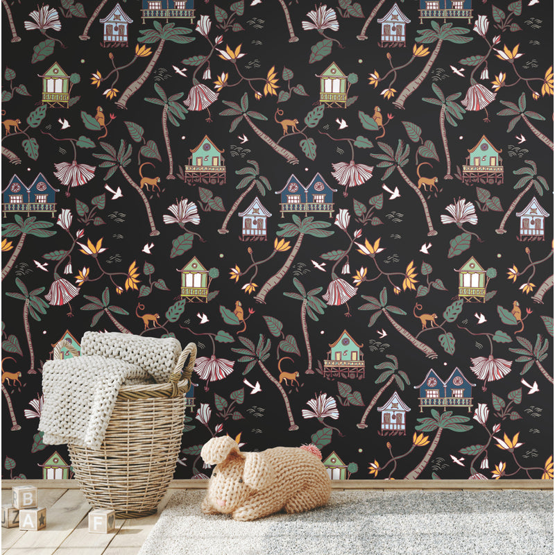 media image for calypso jungle black peel and stick wallpaper by roommates for york wallcoverings 2 245
