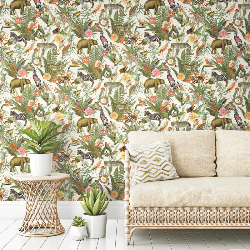media image for Tropical Zoo Peel & Stick Wallpaper in Green by RoomMates 241