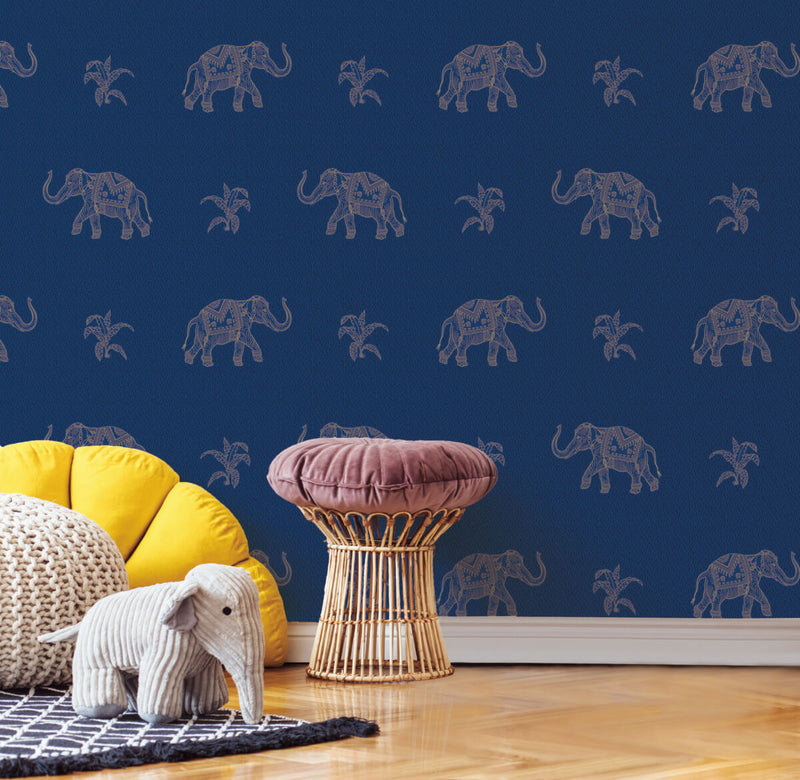 media image for Elephant Walk Peel & Stick Wallpaper in Blue/Gold 218