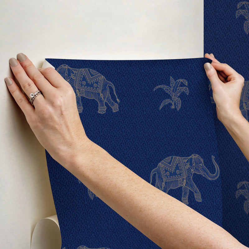 media image for Elephant Walk Peel & Stick Wallpaper in Blue/Gold 274