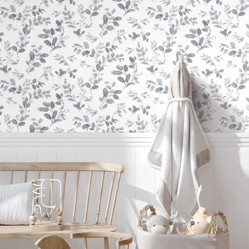 media image for dancing leaves grey peel and stick wallpaper by roommates for york wallcoverings 4 289