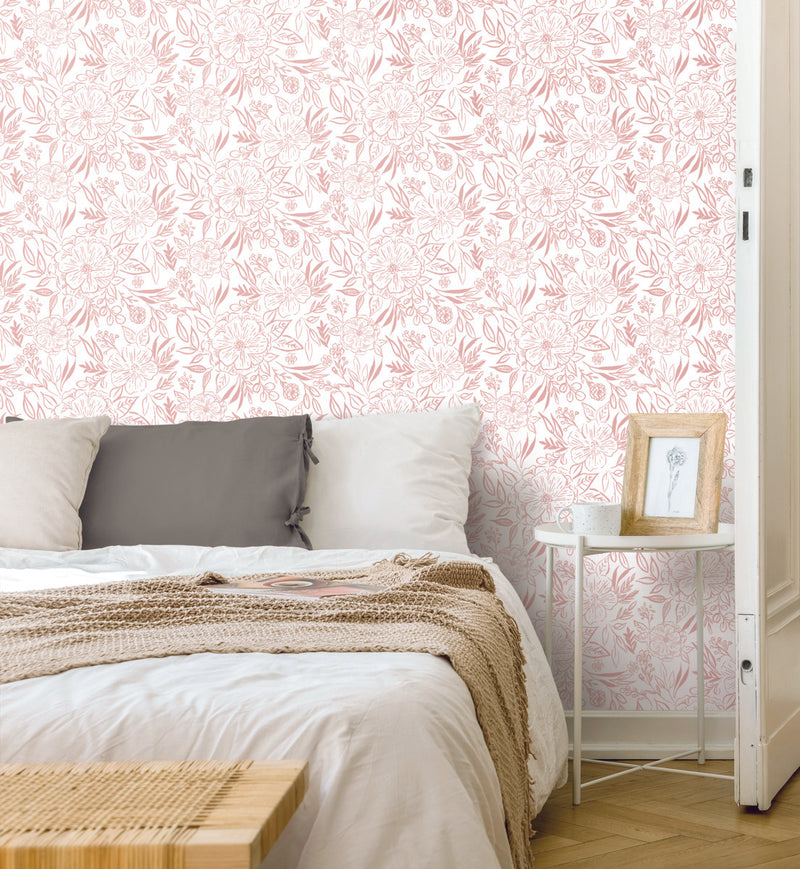 media image for Floral Sketch Peel & Stick Wallpaper in Pink 237