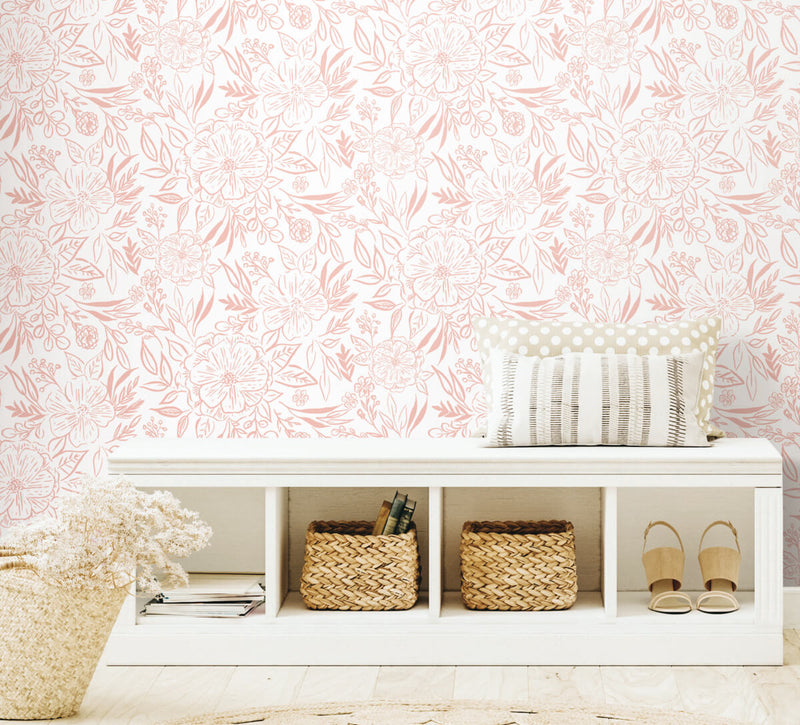 media image for Floral Sketch Peel & Stick Wallpaper in Pink 221