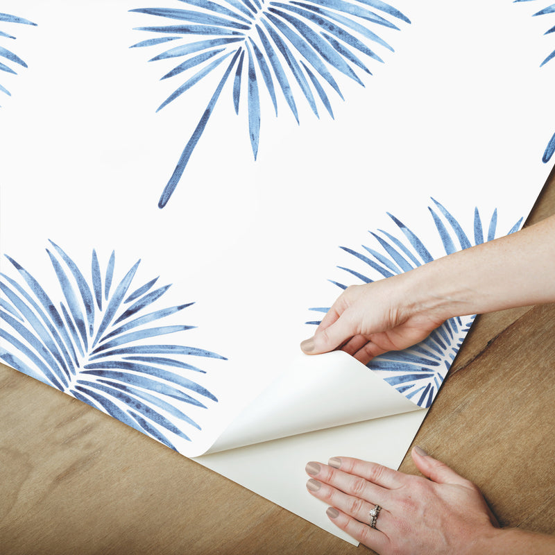 media image for Cat Coquillette Fun Fronds Electric Blue Peel & Stick Wallpaper by RoomMates for York Wallcoverings 295
