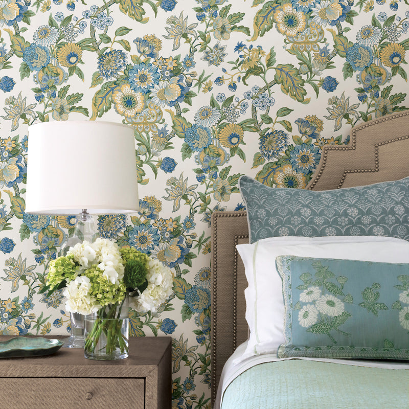 media image for Waverly Graceful Garden Peel & Stick Wallpaper in Blue/Yellow by RoomMates 216