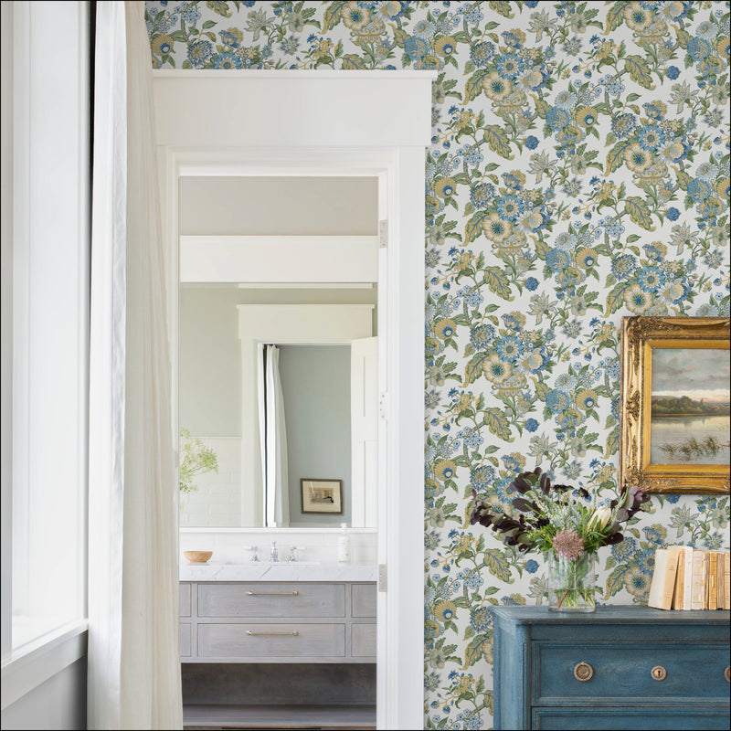 media image for Waverly Graceful Garden Peel & Stick Wallpaper in Blue/Yellow by RoomMates 241