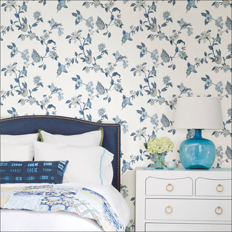 media image for Waverly Graceful Garden Trail Peel & Stick Wallpaper in Blue by RoomMates 259