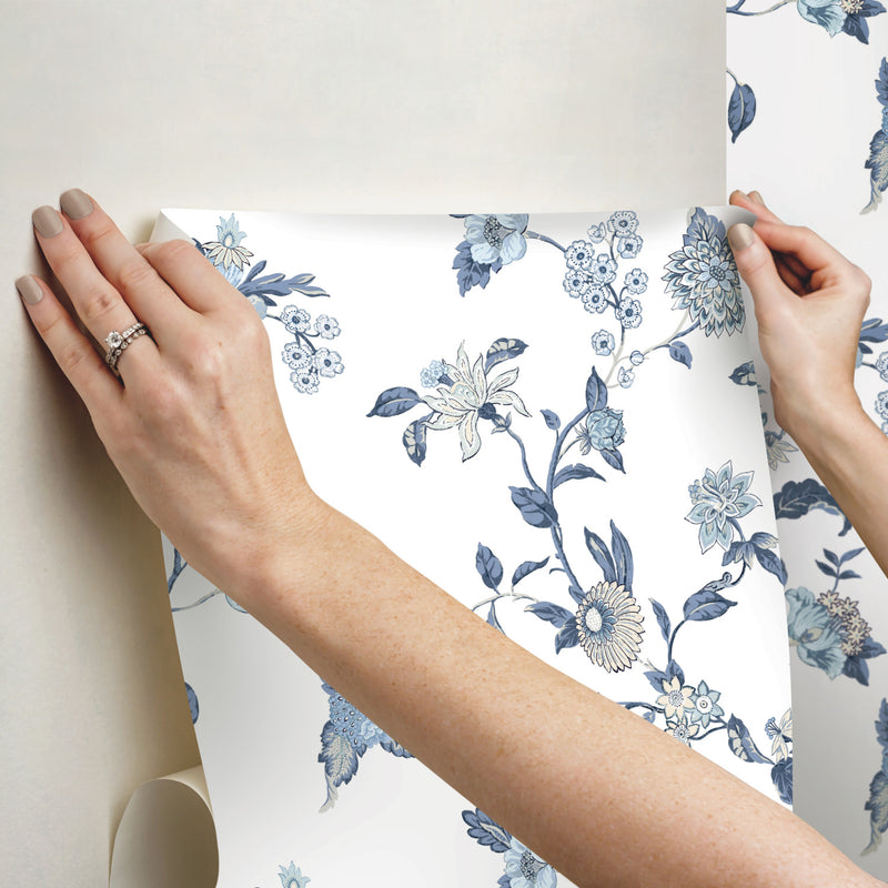 media image for Waverly Graceful Garden Trail Peel & Stick Wallpaper in Blue by RoomMates 220