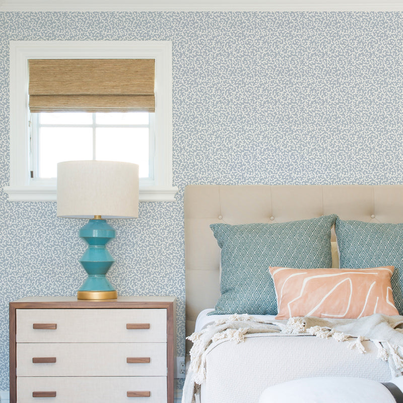 media image for Waverly Savoy Peel & Stick Wallpaper in Blue by RoomMates 284