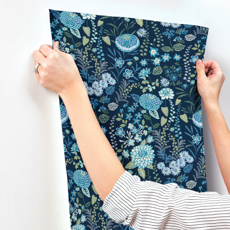 media image for Waverly Fiona Floral Peel & Stick Wallpaper in Blue by RoomMates 276