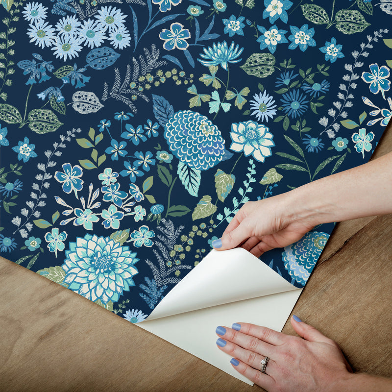 media image for Waverly Fiona Floral Peel & Stick Wallpaper in Blue by RoomMates 23
