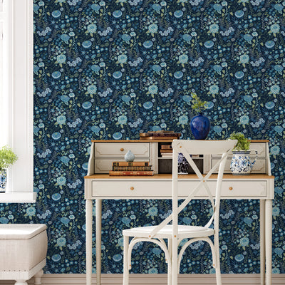 product image for Waverly Fiona Floral Peel & Stick Wallpaper in Blue by RoomMates 67