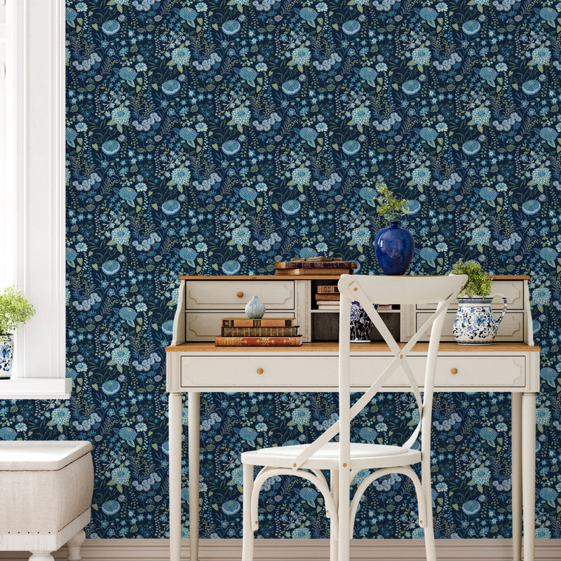 media image for Waverly Fiona Floral Peel & Stick Wallpaper in Blue by RoomMates 231