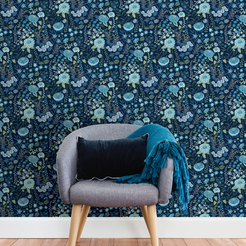 media image for Waverly Fiona Floral Peel & Stick Wallpaper in Blue by RoomMates 238