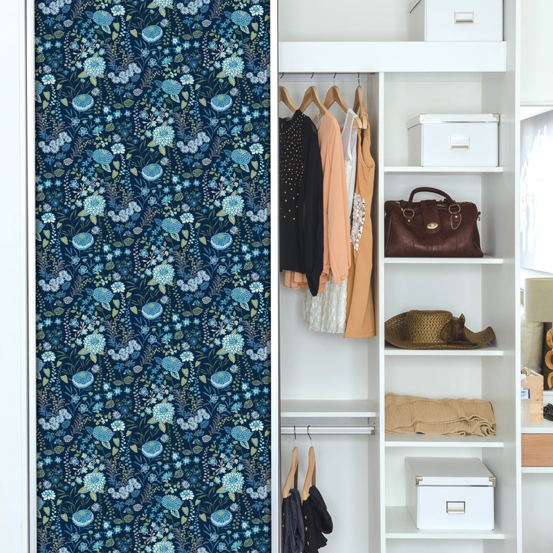 media image for Waverly Fiona Floral Peel & Stick Wallpaper in Blue by RoomMates 294