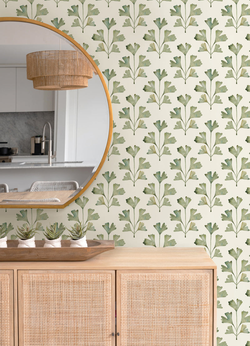 media image for Cat Coquillette Gingko Peel & Stick Wallpaper in Almond/Fern 238