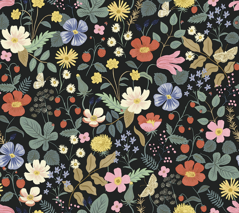 media image for Strawberry Fields Wallpaper in Black from the Rifle Paper Co. 2nd Edition by York Wallcoverings 267