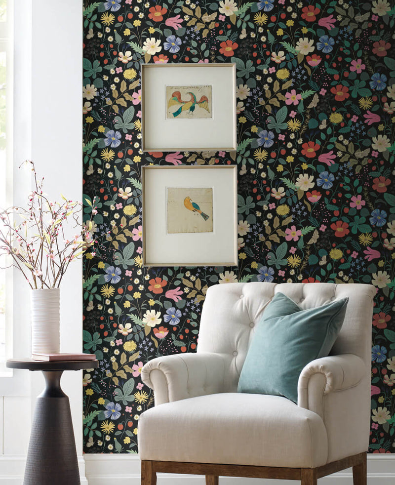 media image for Strawberry Fields Wallpaper in Black from the Rifle Paper Co. 2nd Edition by York Wallcoverings 263