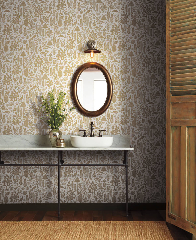 media image for Menagerie Toile Wallpaper in White/Gold from the Rifle Paper Co. 2nd Edition by York Wallcoverings 276