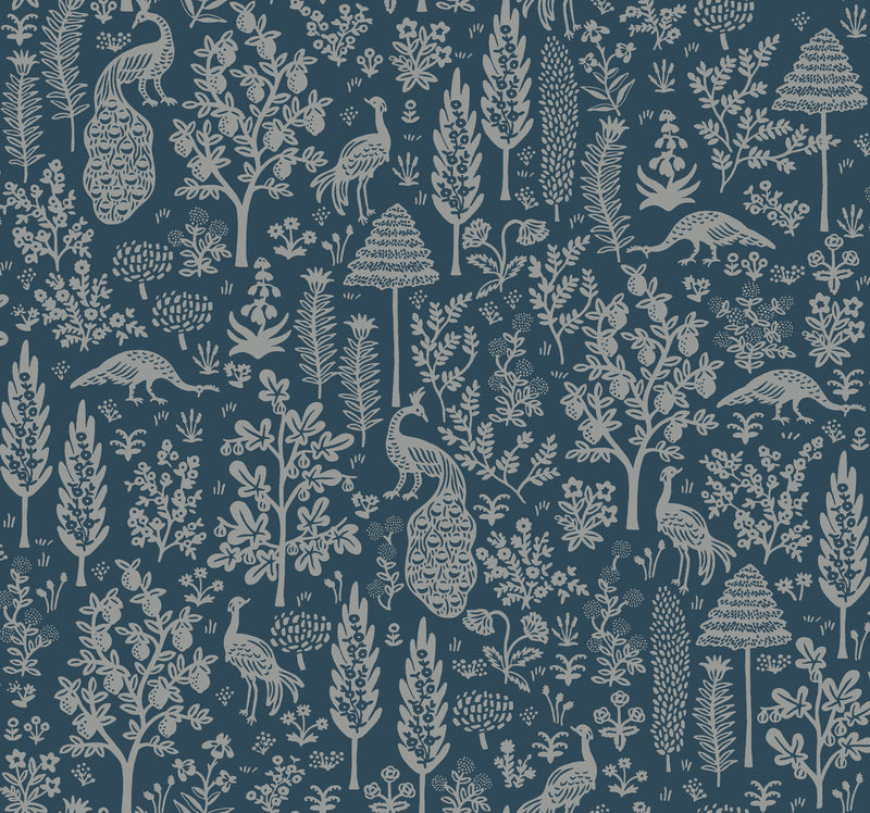 media image for Menagerie Toile Wallpaper in Navy/Silver from the Rifle Paper Co. 2nd Edition by York Wallcoverings 222