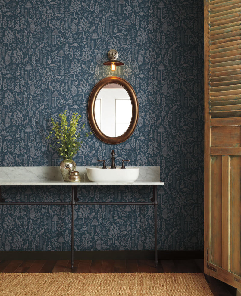 media image for Menagerie Toile Wallpaper in Navy/Silver from the Rifle Paper Co. 2nd Edition by York Wallcoverings 211