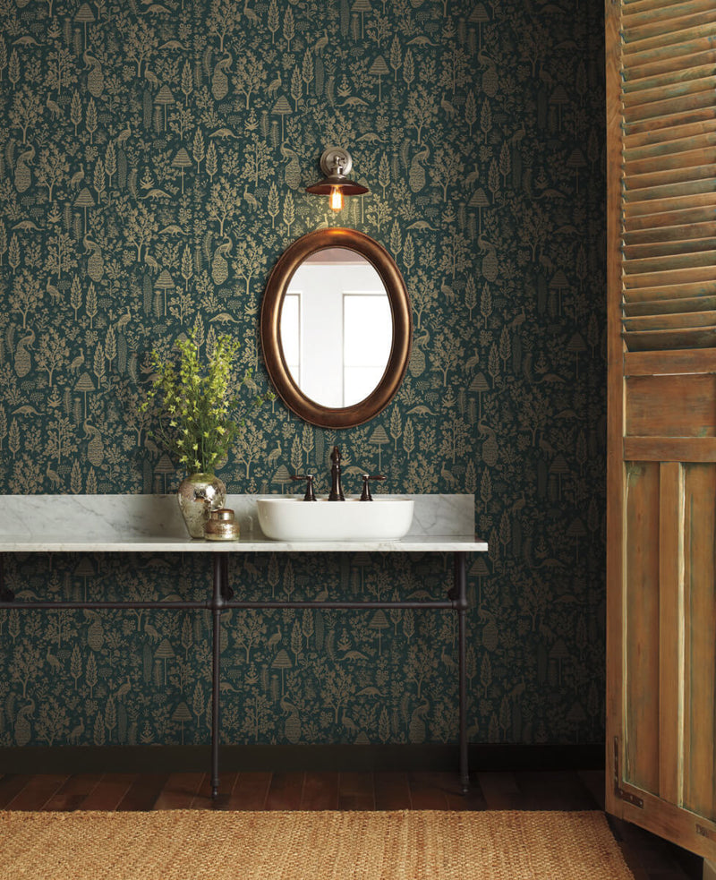 media image for Menagerie Toile Wallpaper in Emerald/Gold from the Rifle Paper Co. 2nd Edition by York Wallcoverings 247