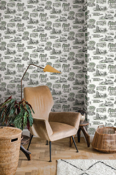 product image for Modern Vista Toile Wallpaper in Evergreen 10
