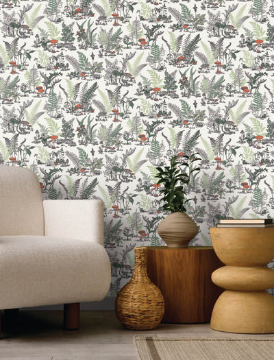 product image for Mushroom Garden Toile Wallpaper in Red & Green 50