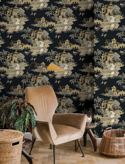 product image for Pagoda And Sampan Scenic Wallpaper in Black 15