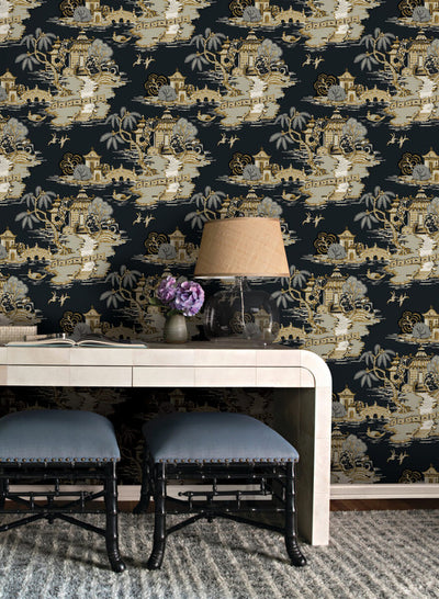 product image for Pagoda And Sampan Scenic Wallpaper in Black 44